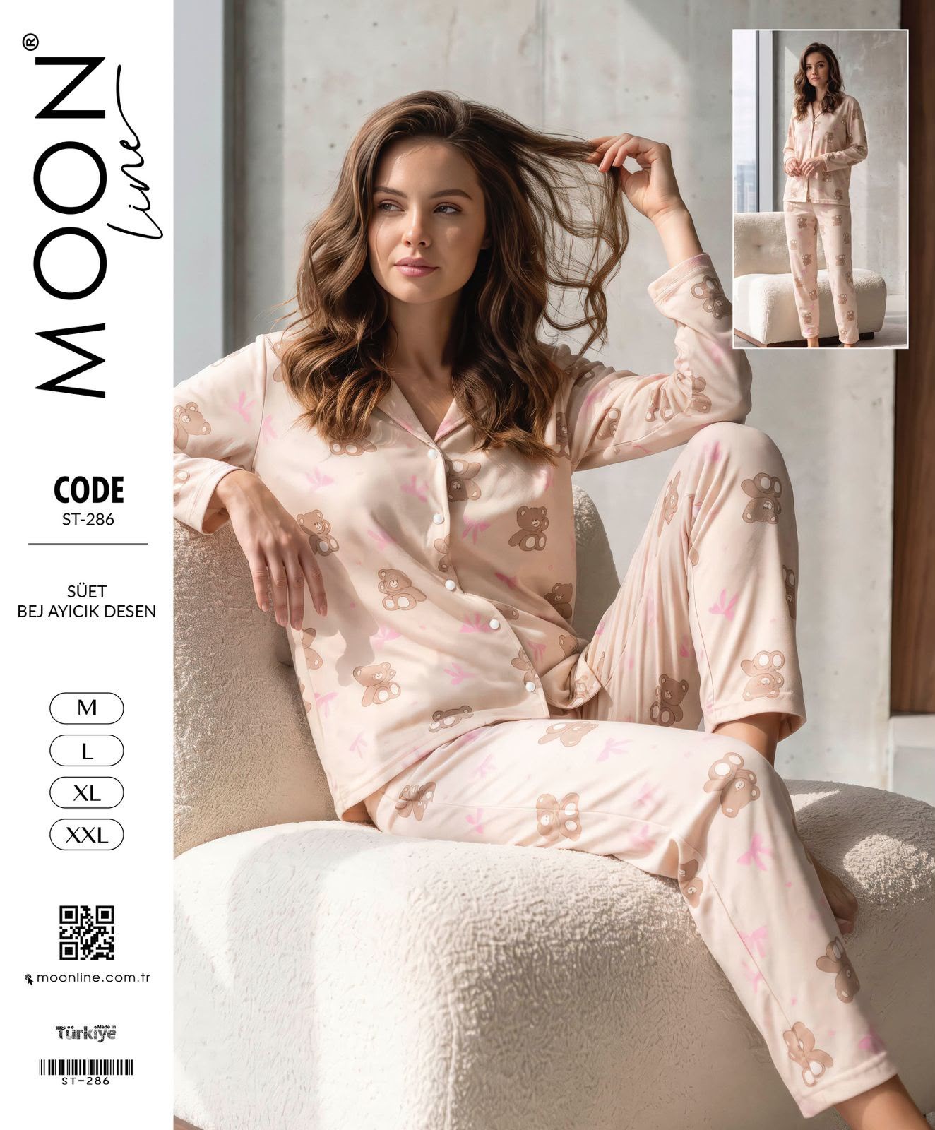 Moonlıne Süet Byn Pijama Takım-Bej Ayıcık