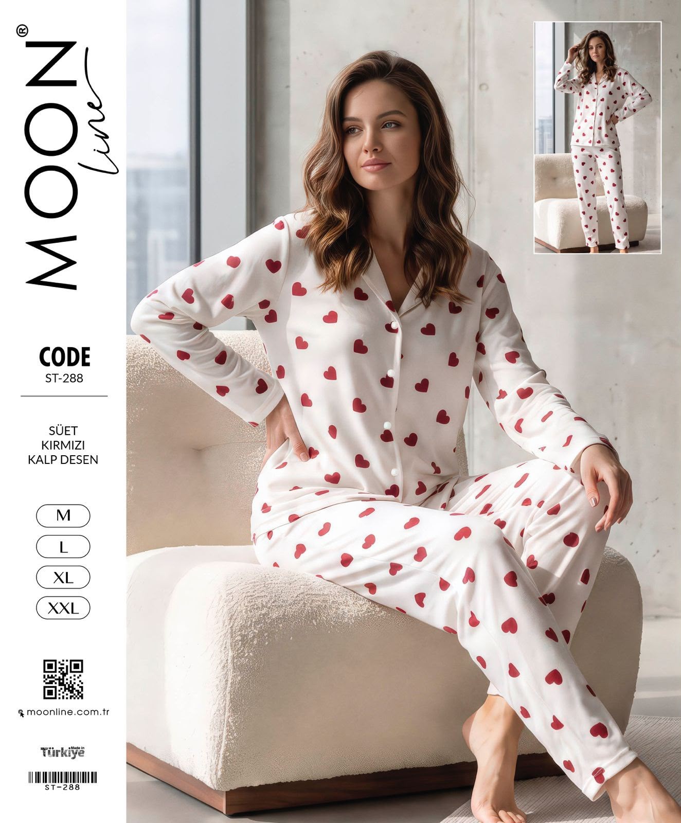 Moonlıne Süet Byn Pijama Takım-beyaz kırmızı kalp