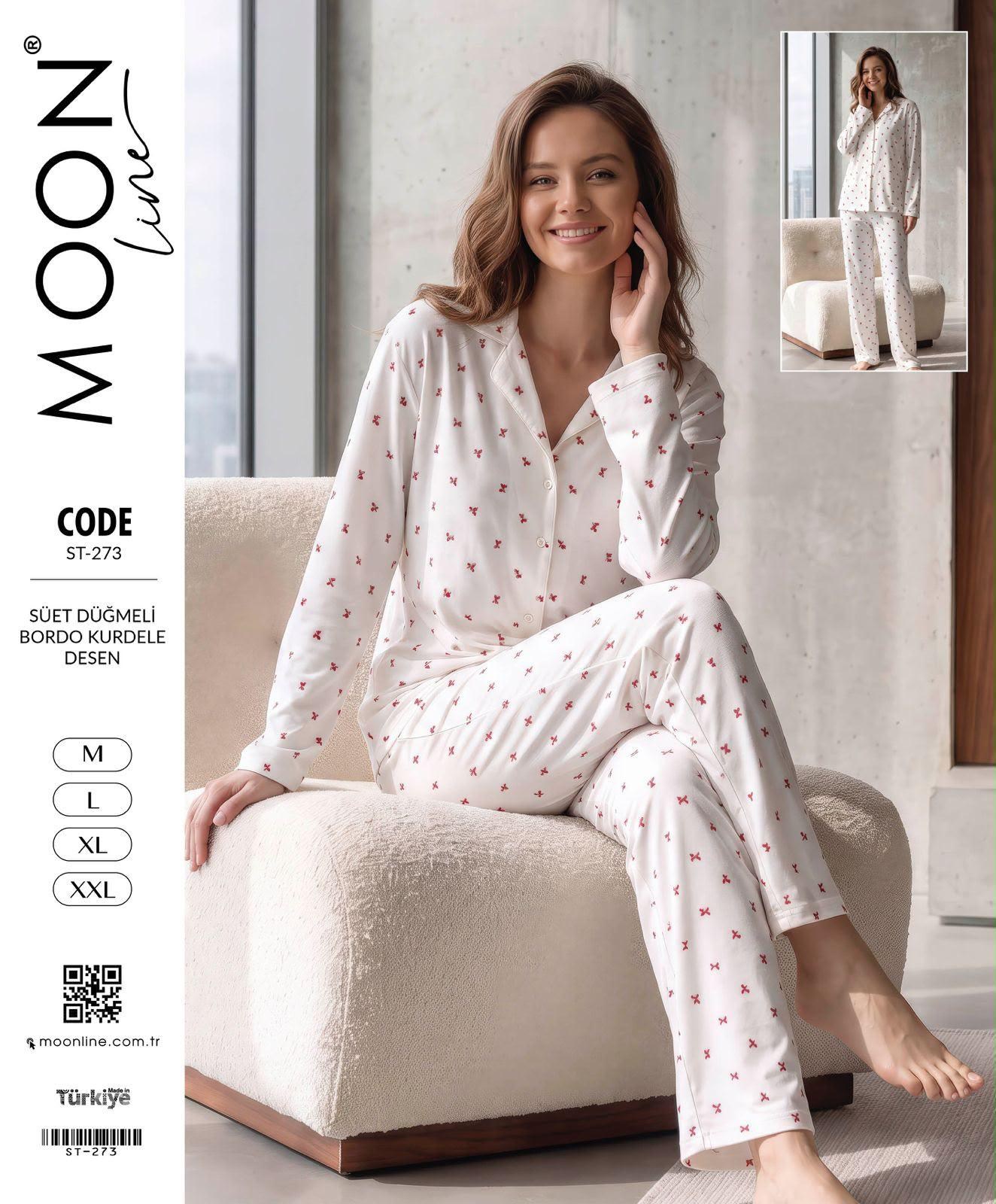 Moonlıne Süet Byn Pijama Takım-beyaz üzeri kırmızı kurdale