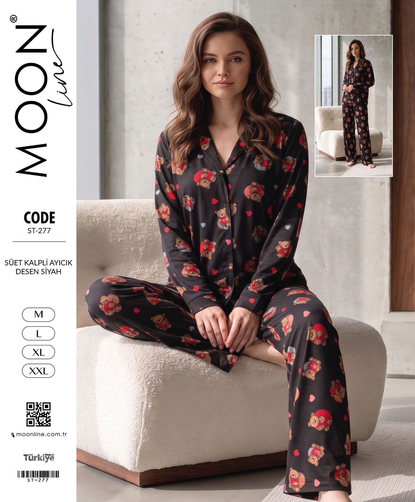 Moonlıne Süet Byn Pijama Takım-Kalpli siyah ayıcık