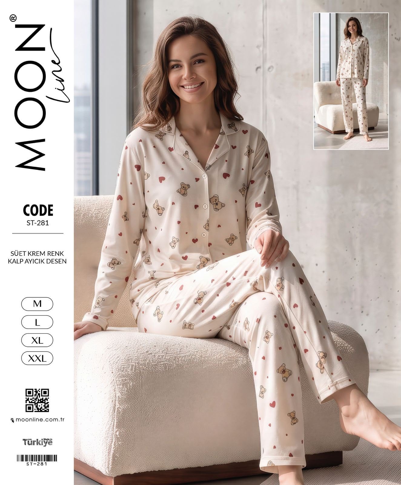 Moonlıne Süet Byn Pijama Takım-Krem kalp ayıcık