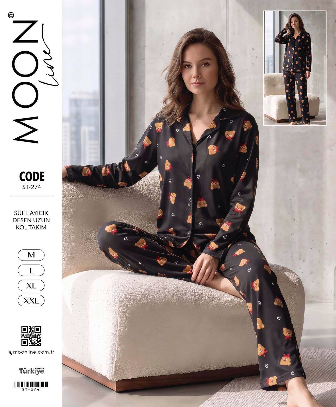 Moonlıne Süet Byn Pijama Takım-siyah ayıcık desen -271