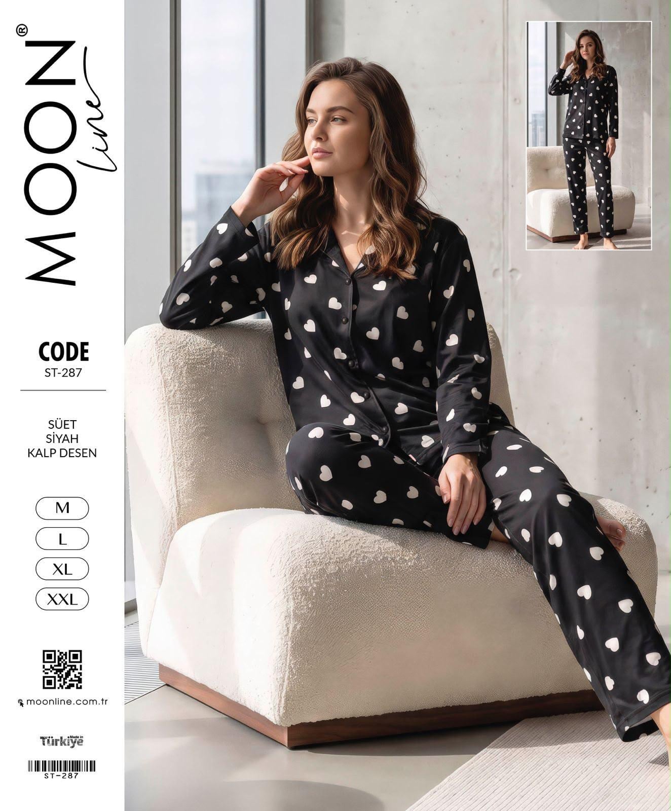 Moonlıne Süet Byn Pijama Takım-siyah kalp desen