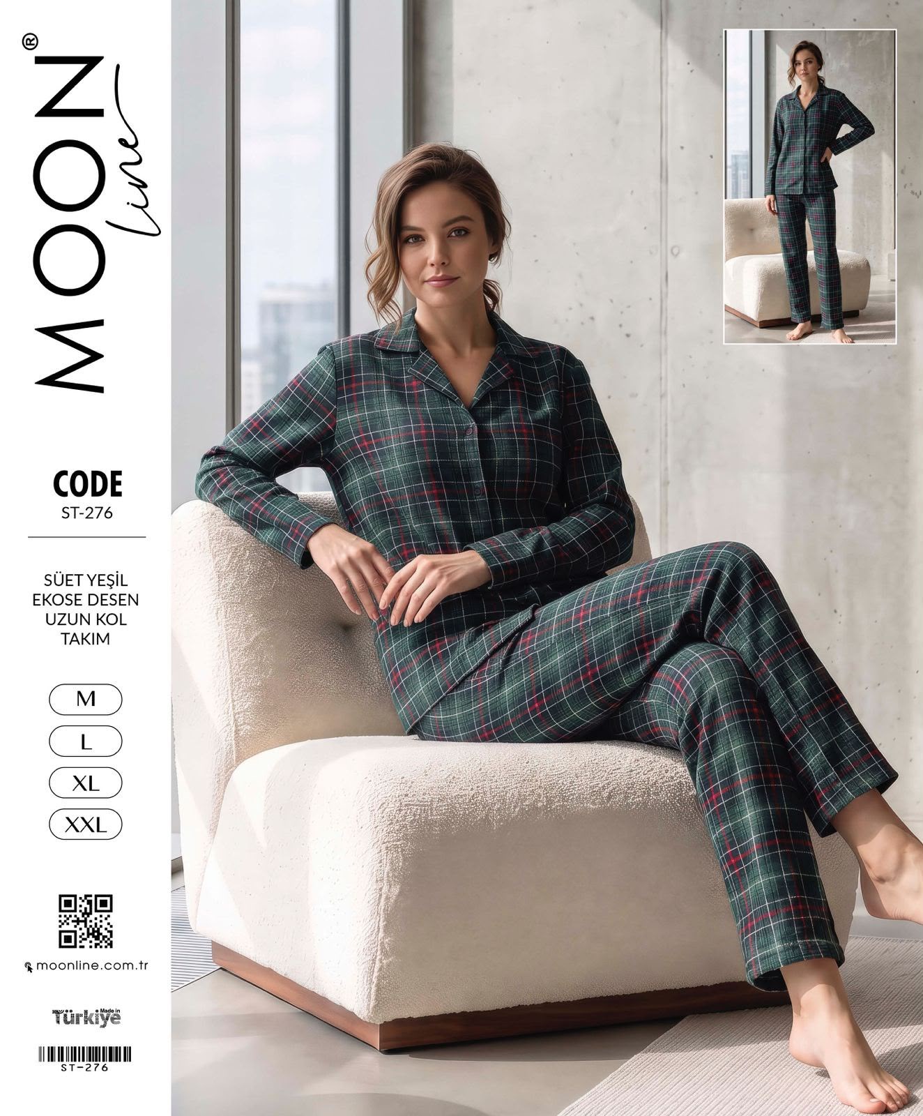 Moonlıne Süet Byn Pijama Takım-yeşil kareli
