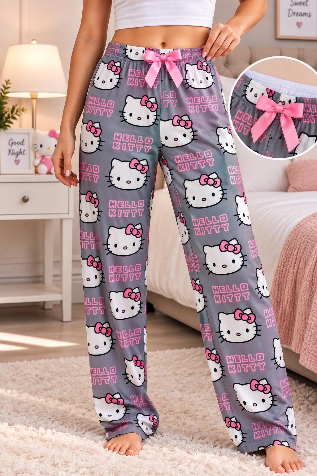 Pijamoni Bayan Süet Pijama-gri hello kıty