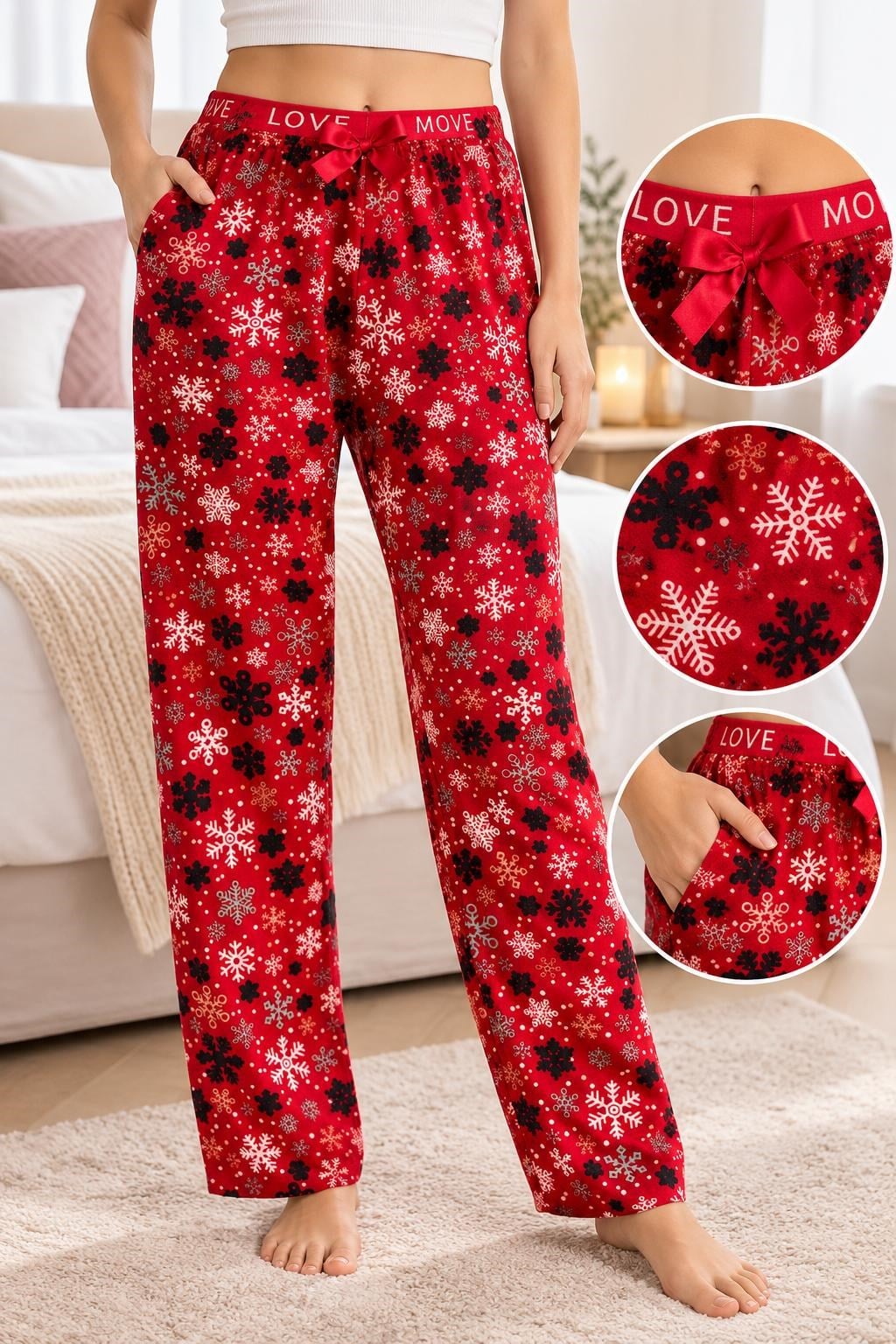 Pijamoni Bayan Süet Pijama-kırmızı kar desen