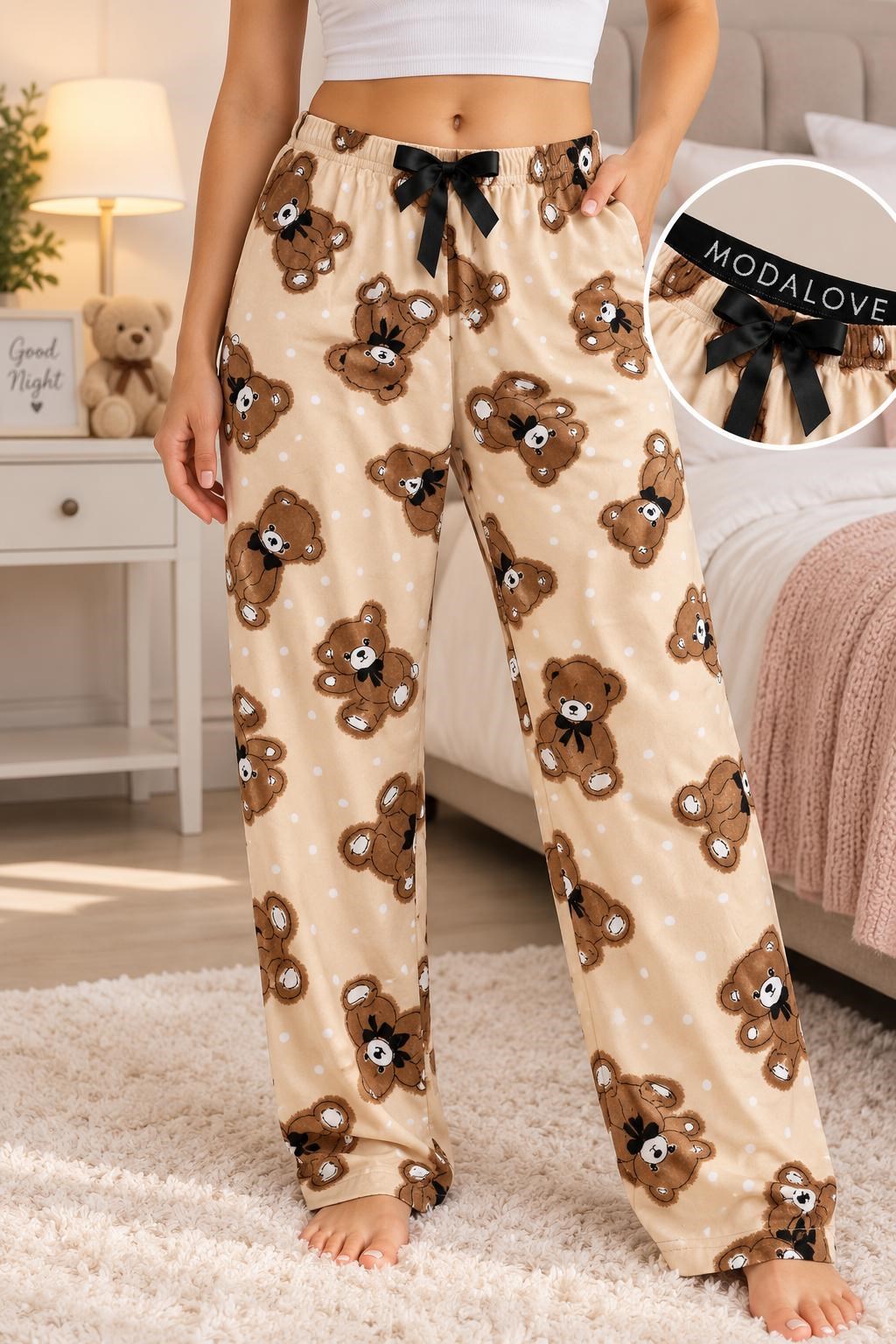 Pijamoni Bayan Süet Pijama-krem ayıcık