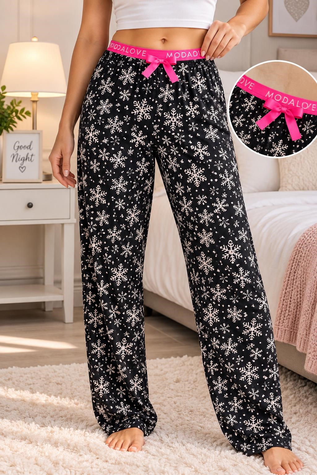 Pijamoni Bayan Süet Pijama-siyah kar desen
