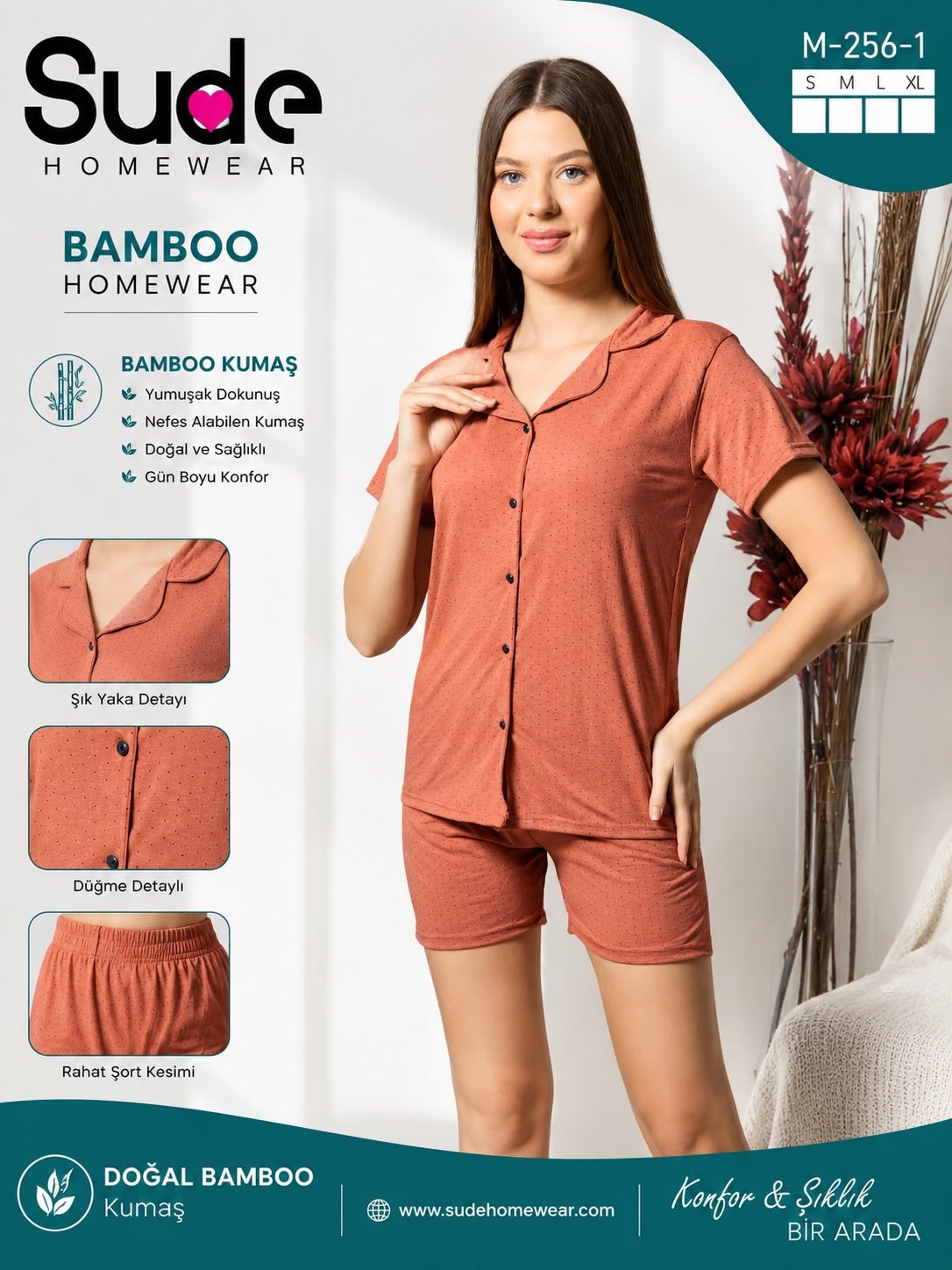 Sude Bayan Kısa Kol Şortlu Pijama Takım-256-1 kiremit