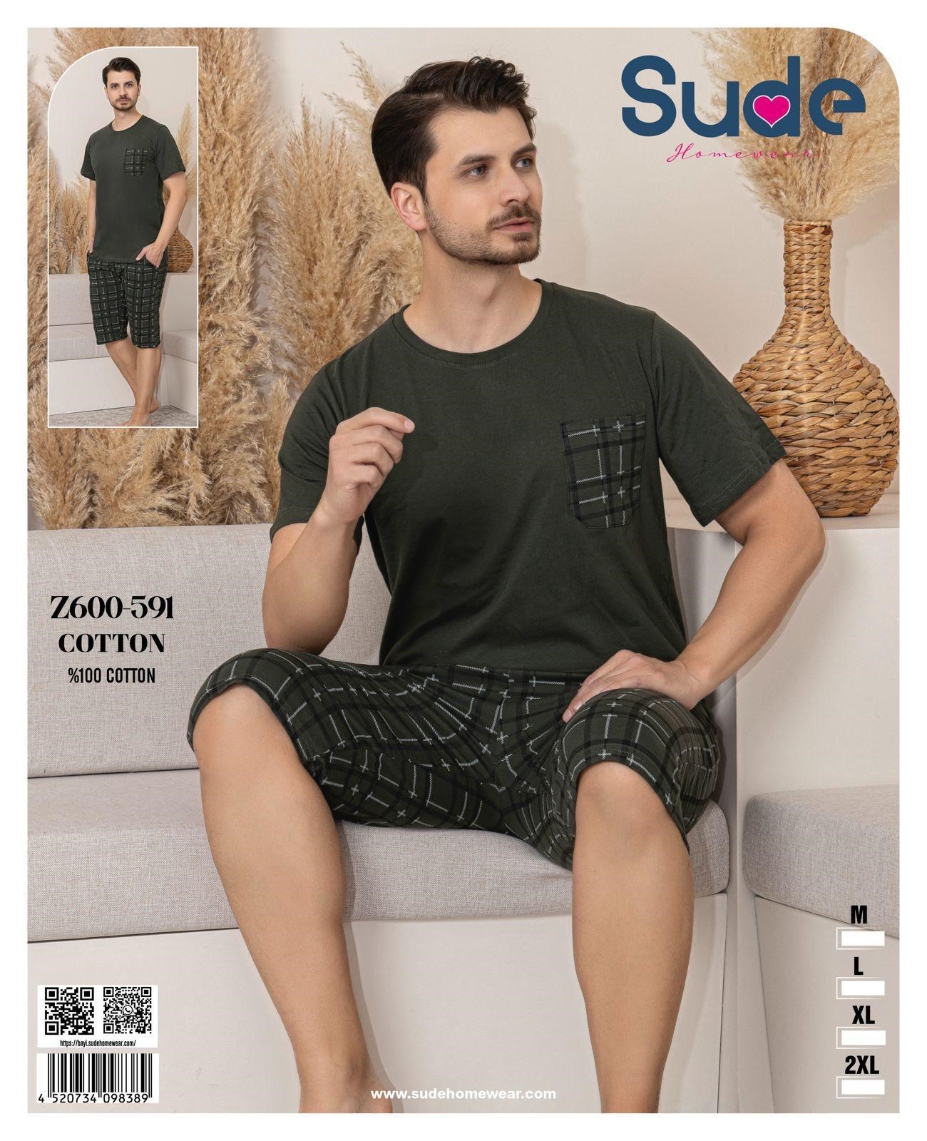 Sude Erkek Kısa Kol Kaprili Pijama Takım-Haki Yeşil-600-591