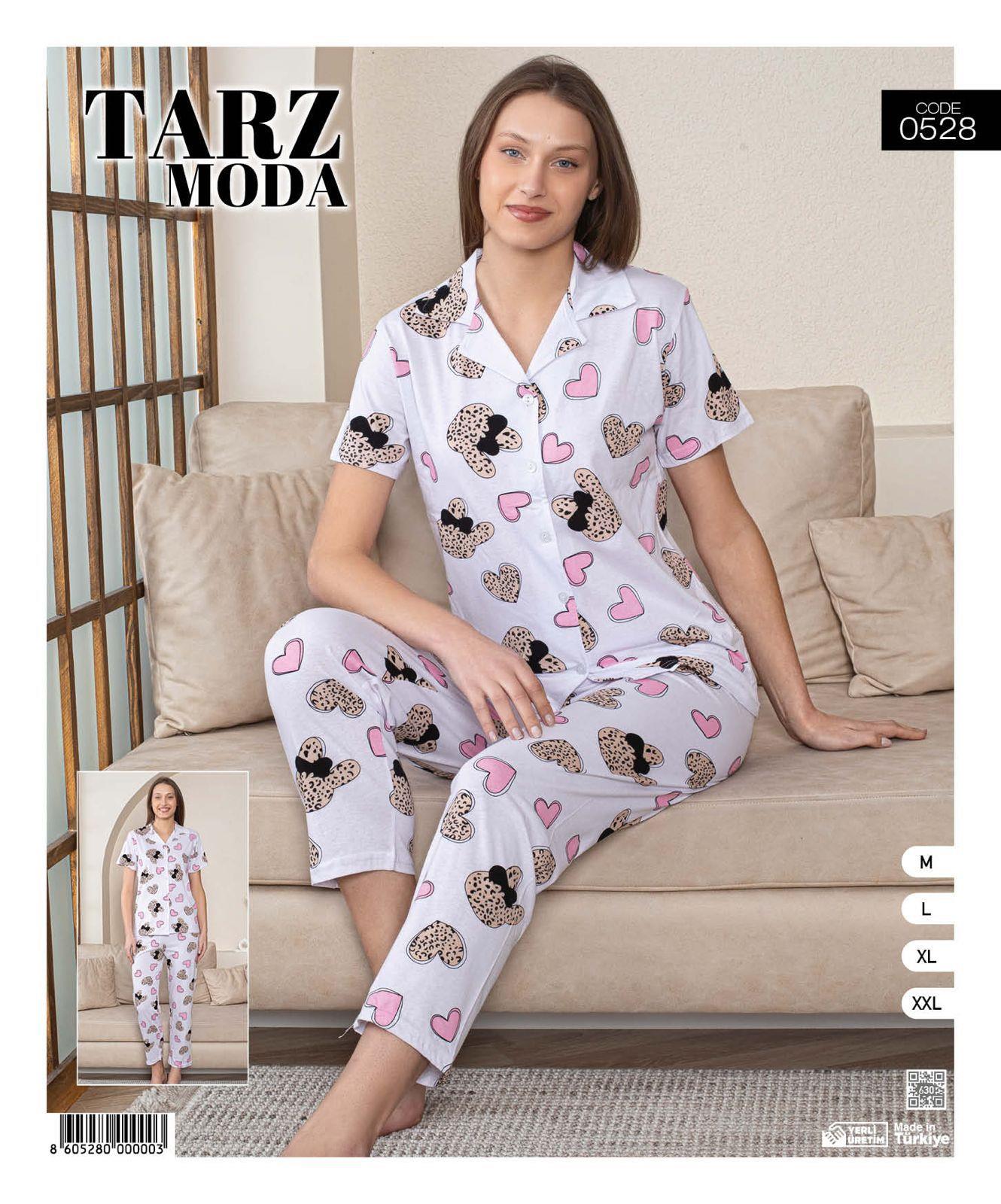 TarzModa Kısa Kol Milan Pijama Takım-0528 beyaz pembekalp