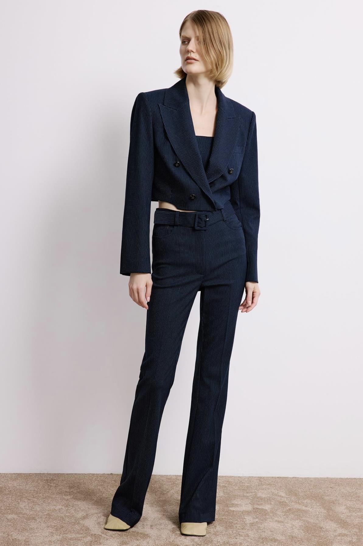 Çizgili İspanyol Paça Lacivert Pantolon