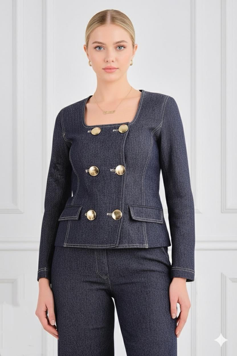 Düğme Detaylı Kare Yaka Denim Üst