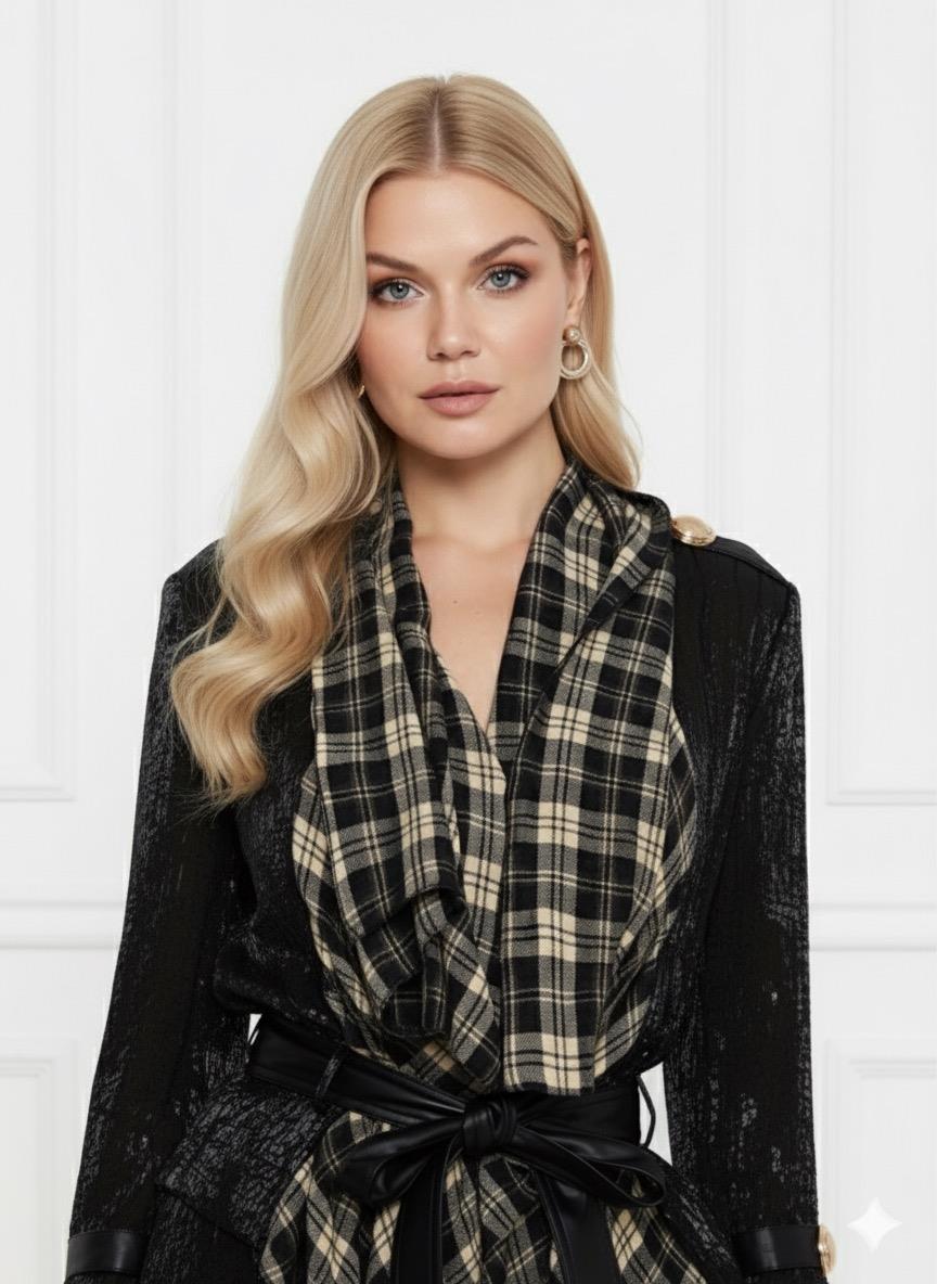 Ekose Desen Detaylı Şal Yaka Ceket