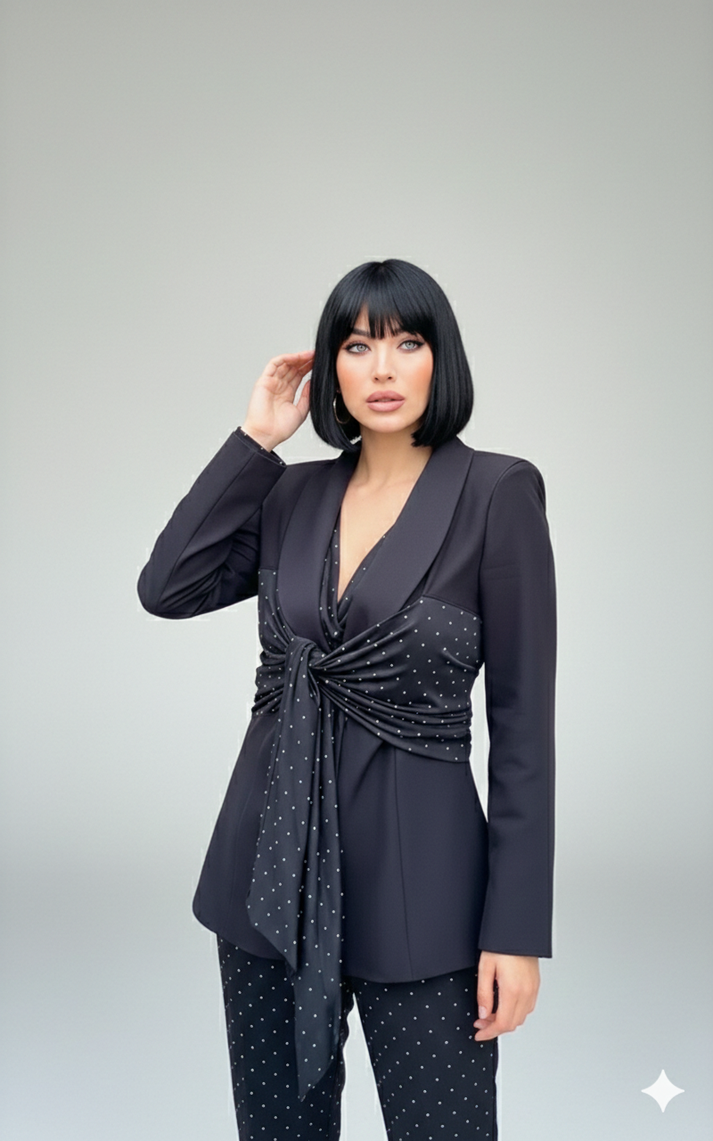 Gümüş Taş İşlemeli Siyah Ceket