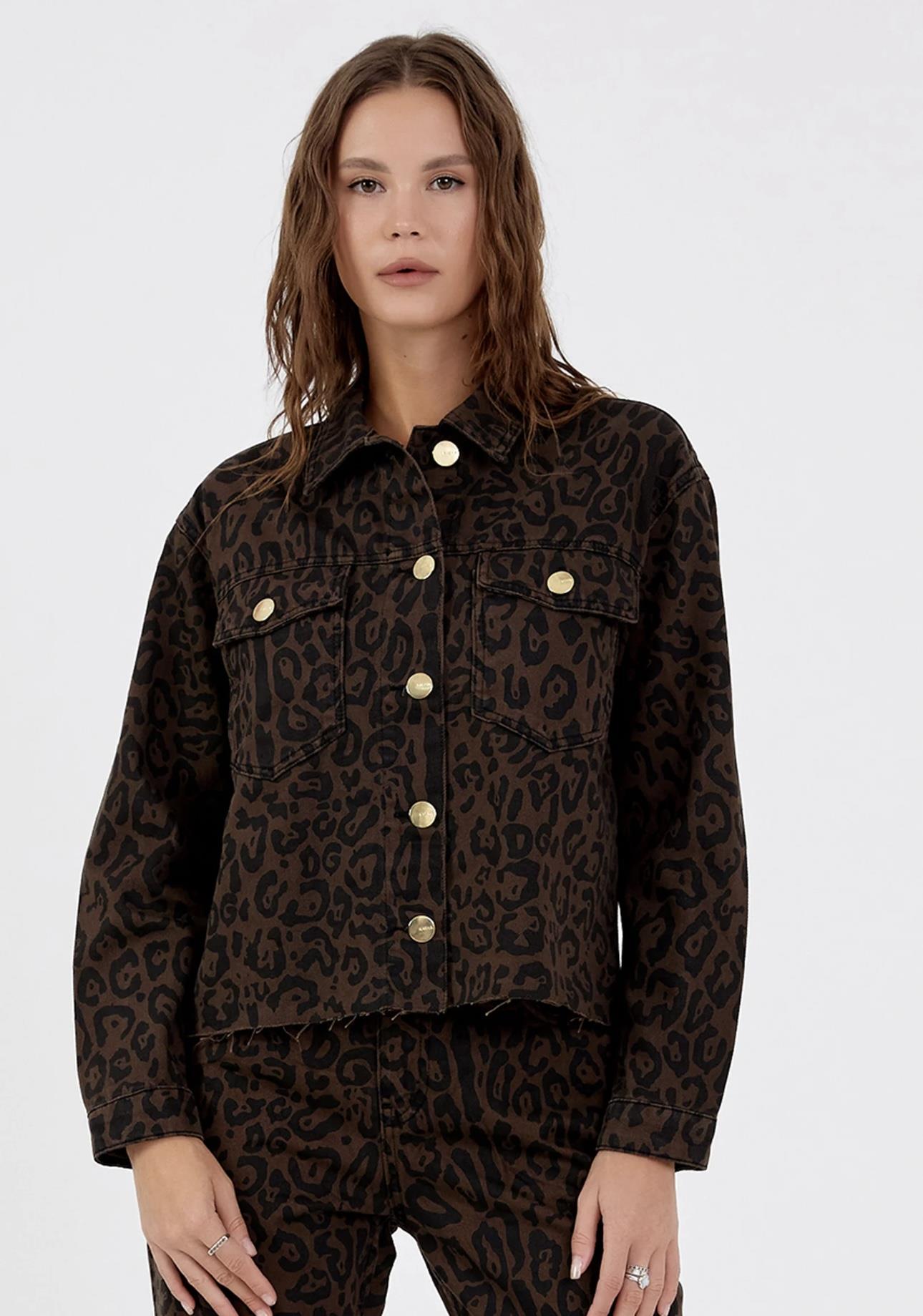 Leopar Desen Detaylı Yanık Kahve Ceket