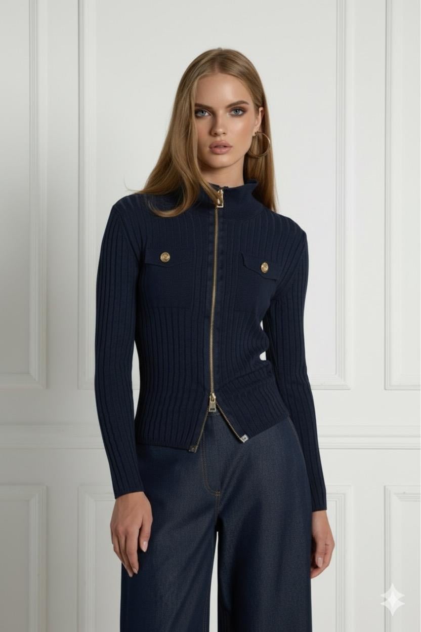 Önü çift cepli fermuarlı triko kazak