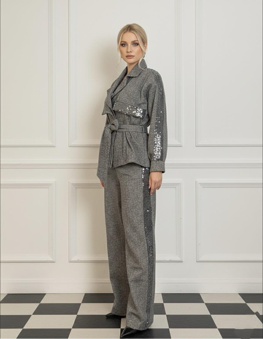 Payet Geçiş Detaylı Gri Pantolon