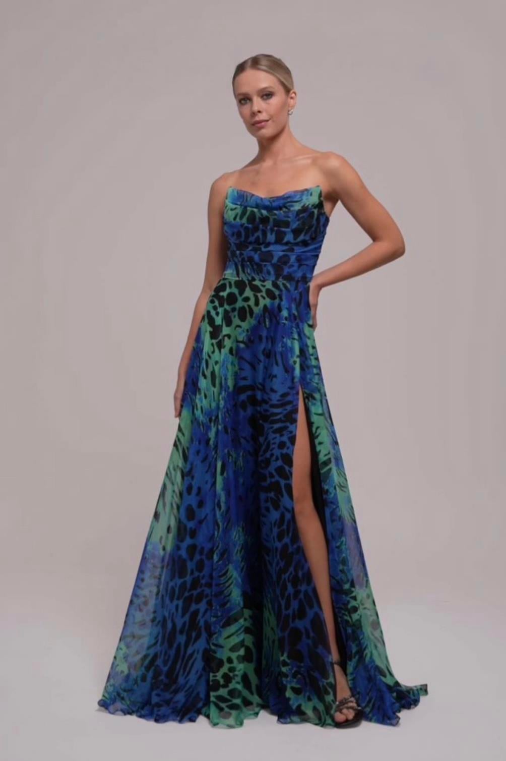 Saks Straplez Degaje Yaka Leopar Desen Şifon Abiye Elbise