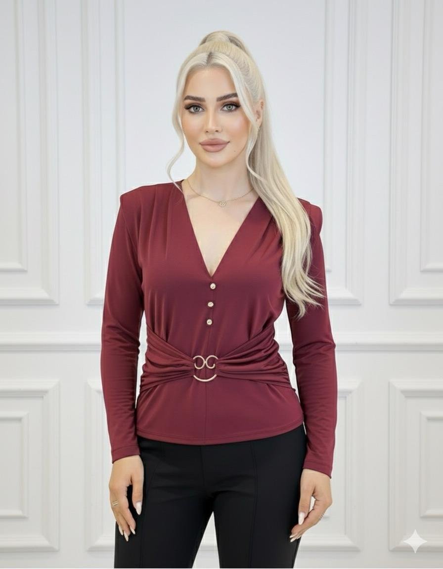 Beli Toka Detaylı V Yaka Bordo Üst