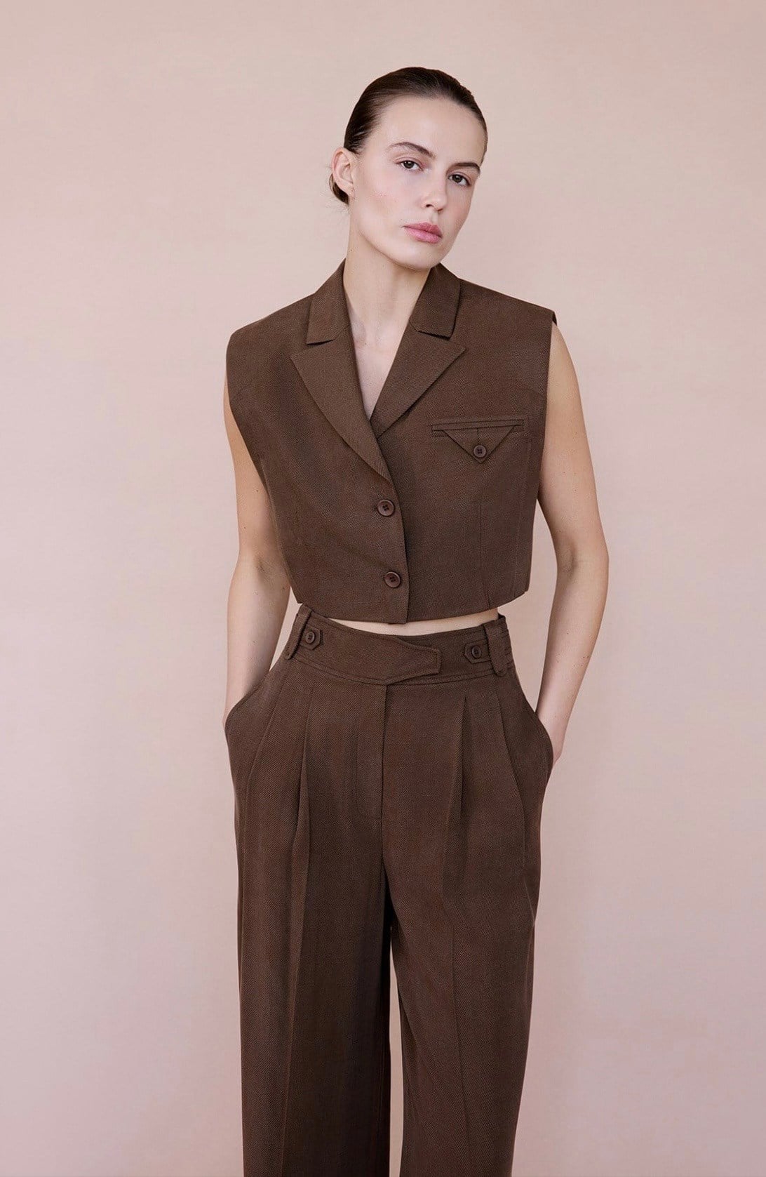 Ceket Yaka Vatkalı Crop Kahve Yelek