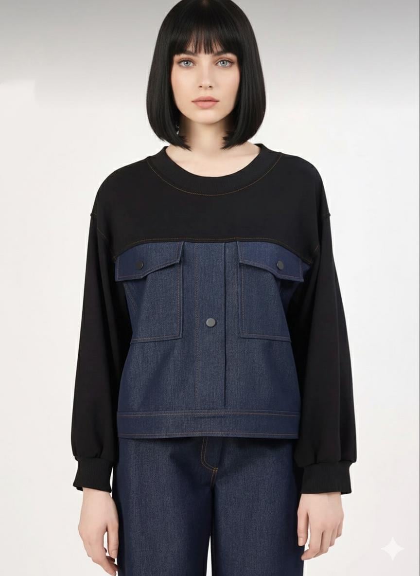 Cep detaylı denim geçişli bluz