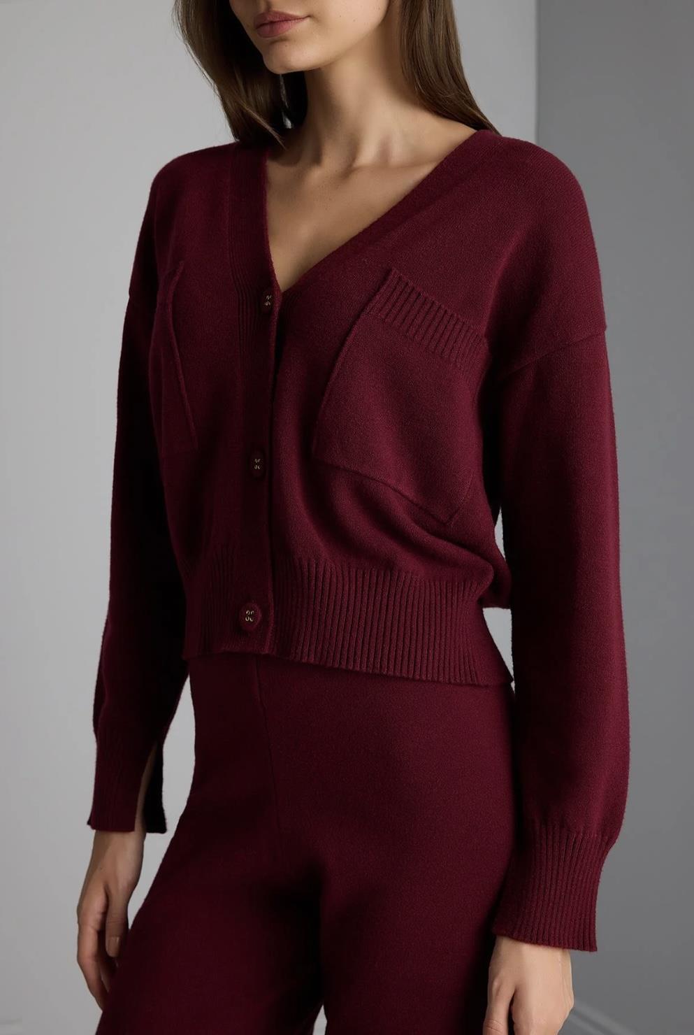 Cep Detaylı V Yaka Bordo Triko Hırka