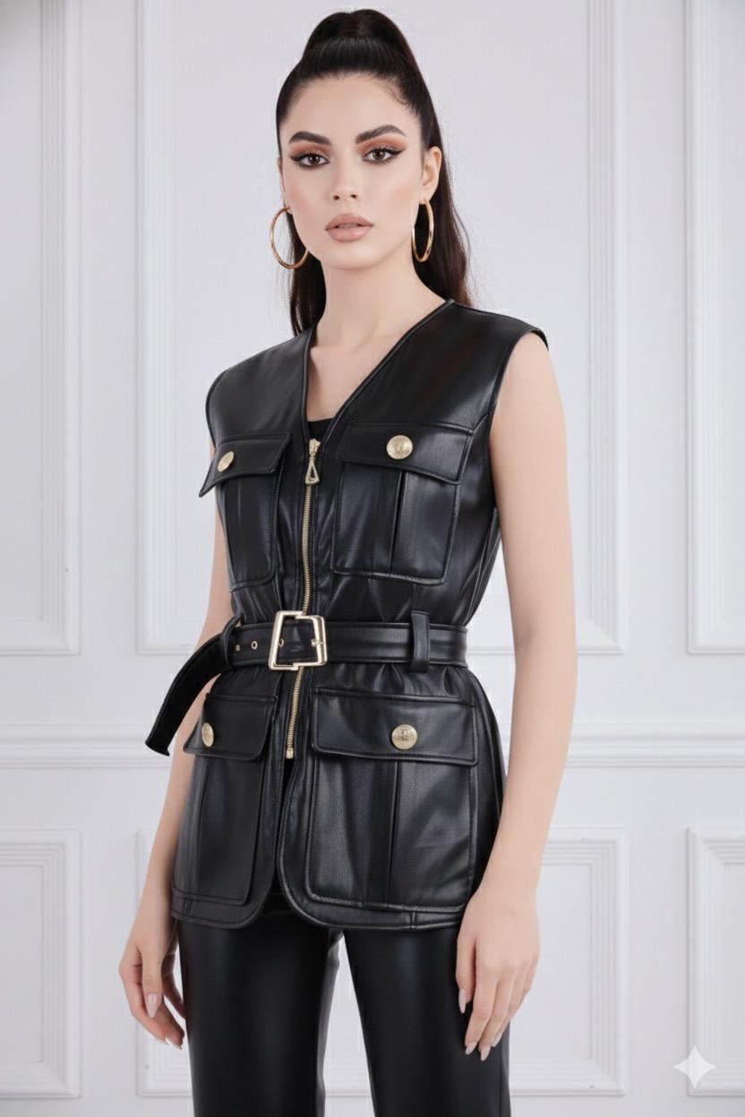 Cep Ve Kemer Detaylı Deri Yelek