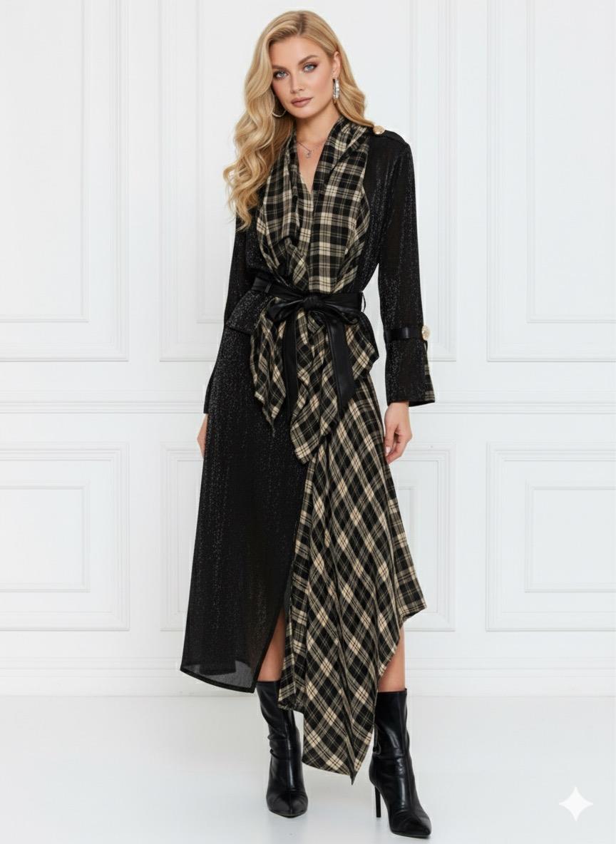 Ekose Desen Detaylı Yırtmaçlı Asimetrik Etek