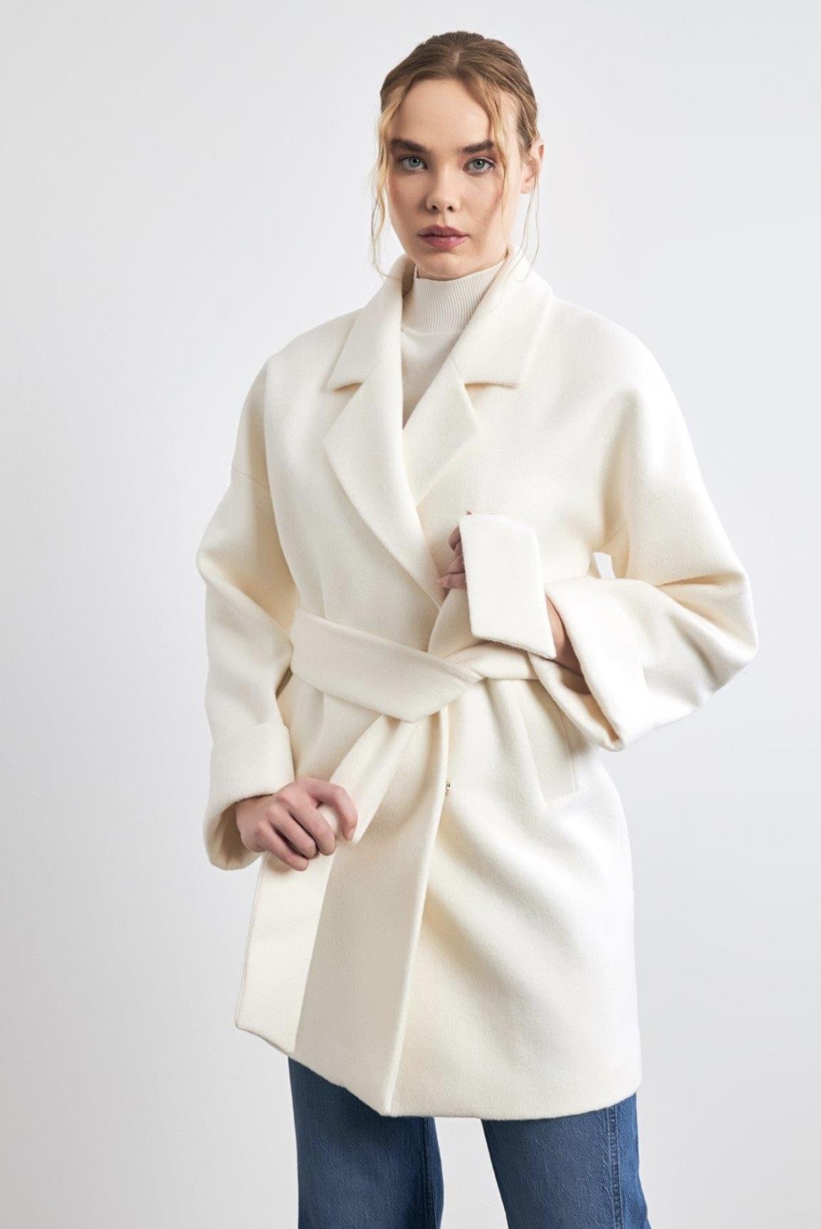 Ekru Cepli Belden Kuşaklı Kaban