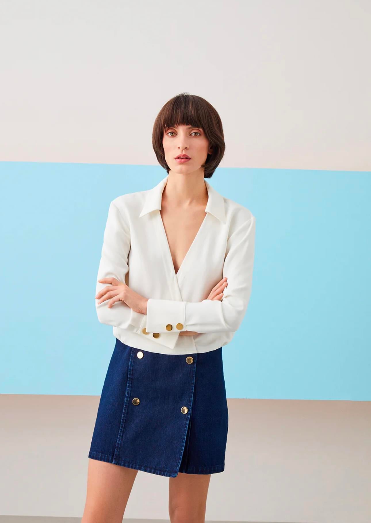 EKRU KUMAŞ JEAN ÇİFT PARÇA GÖRÜNÜMLÜ MİNİ ELBİSE