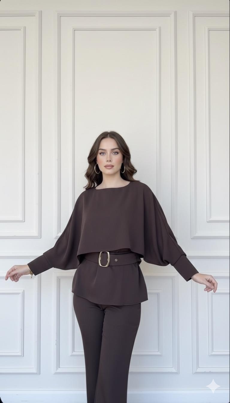 Kemer detaylı çift parça görünümlü bluz