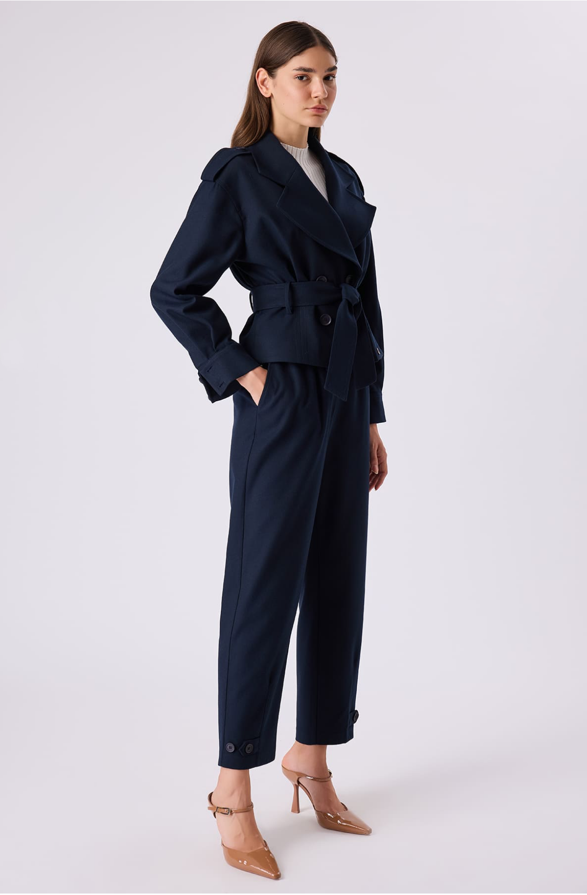 Kuşaklı kruvaze ceket