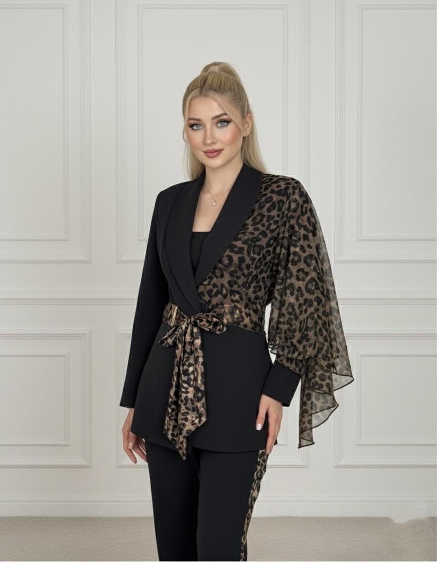 Leopar Şal Detaylı Kuşaklı Ceket