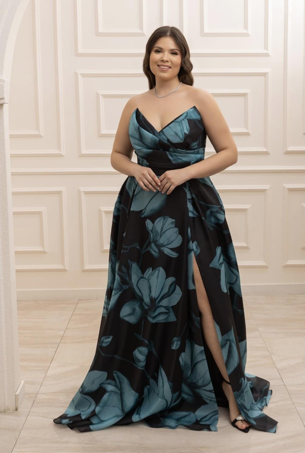 Petrol Gül Desenli Straplez Yırtmaçlı Şifon Abiye Elbise