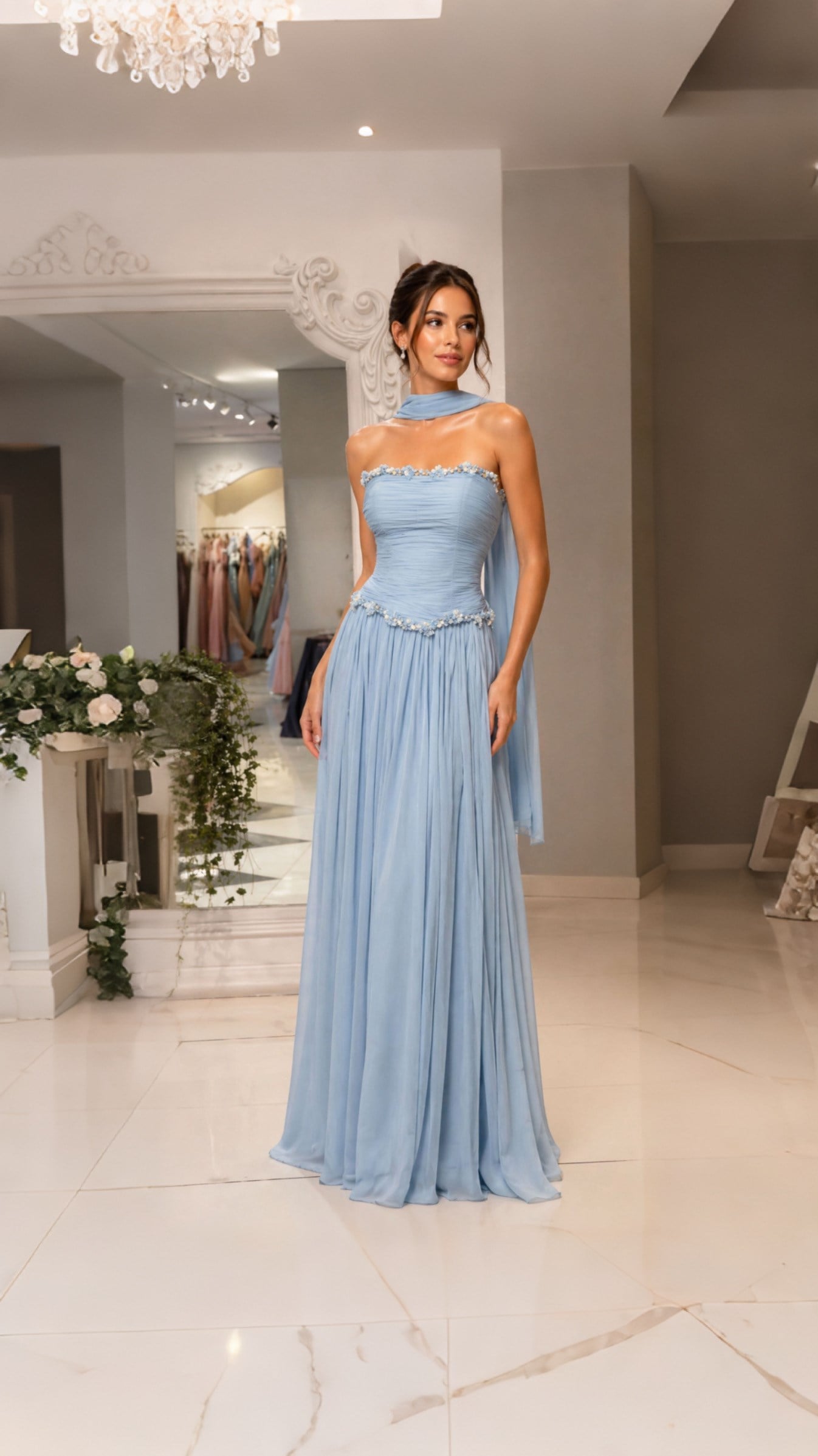 Şifon Straplez Uzun Gece Elbisesi – Mavi