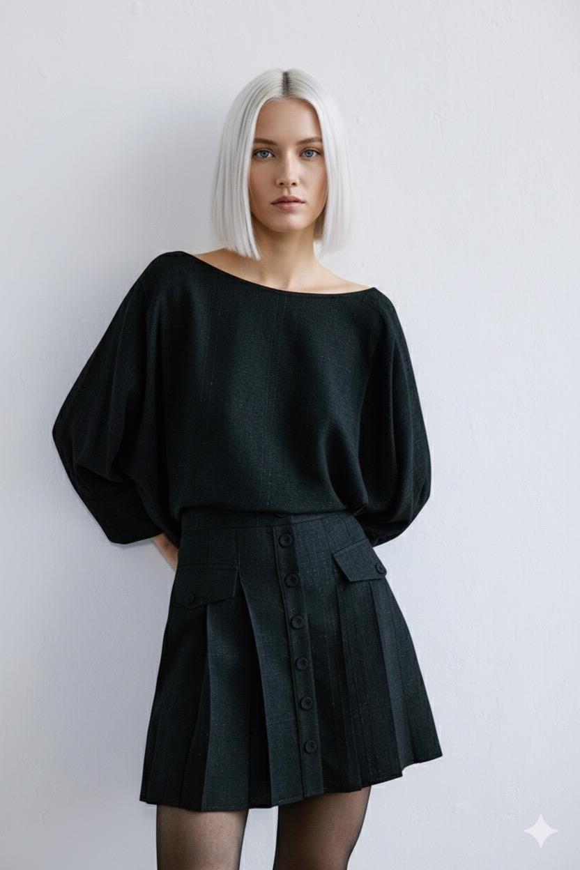 Sim Detaylı Piliseli Siyah Mini Etek