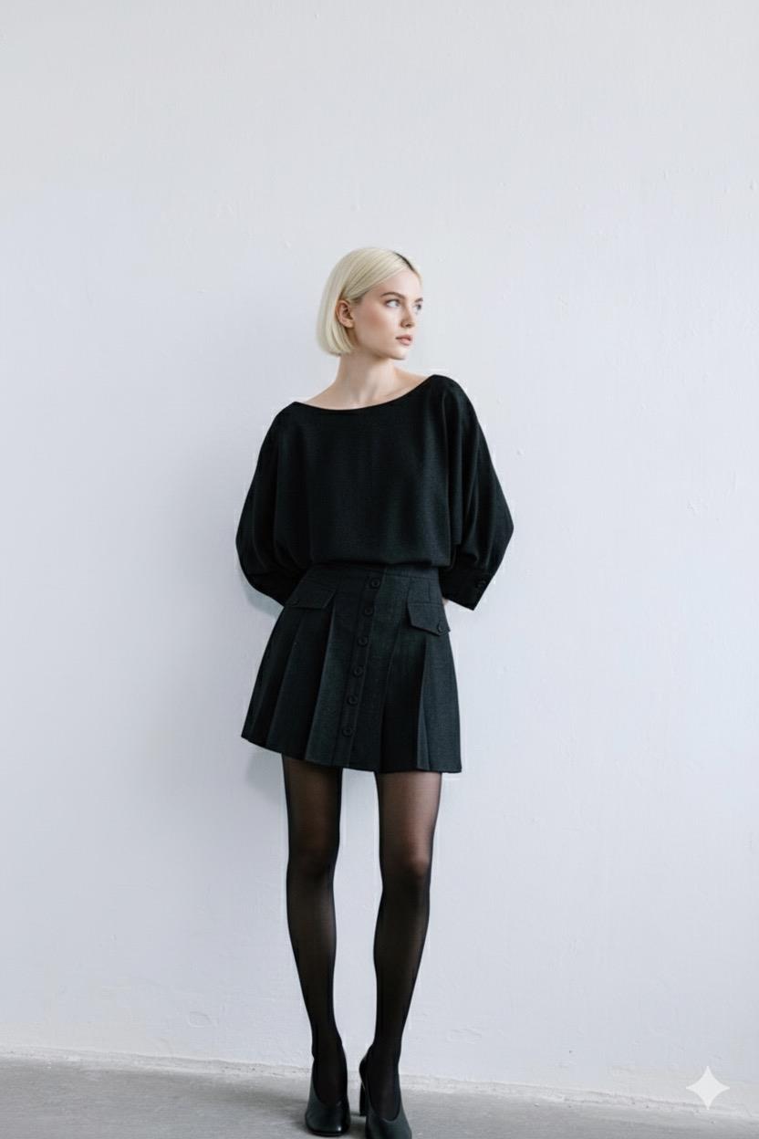 Sim Ekoseli Sırt Dekolte Detaylı Siyah Bluz