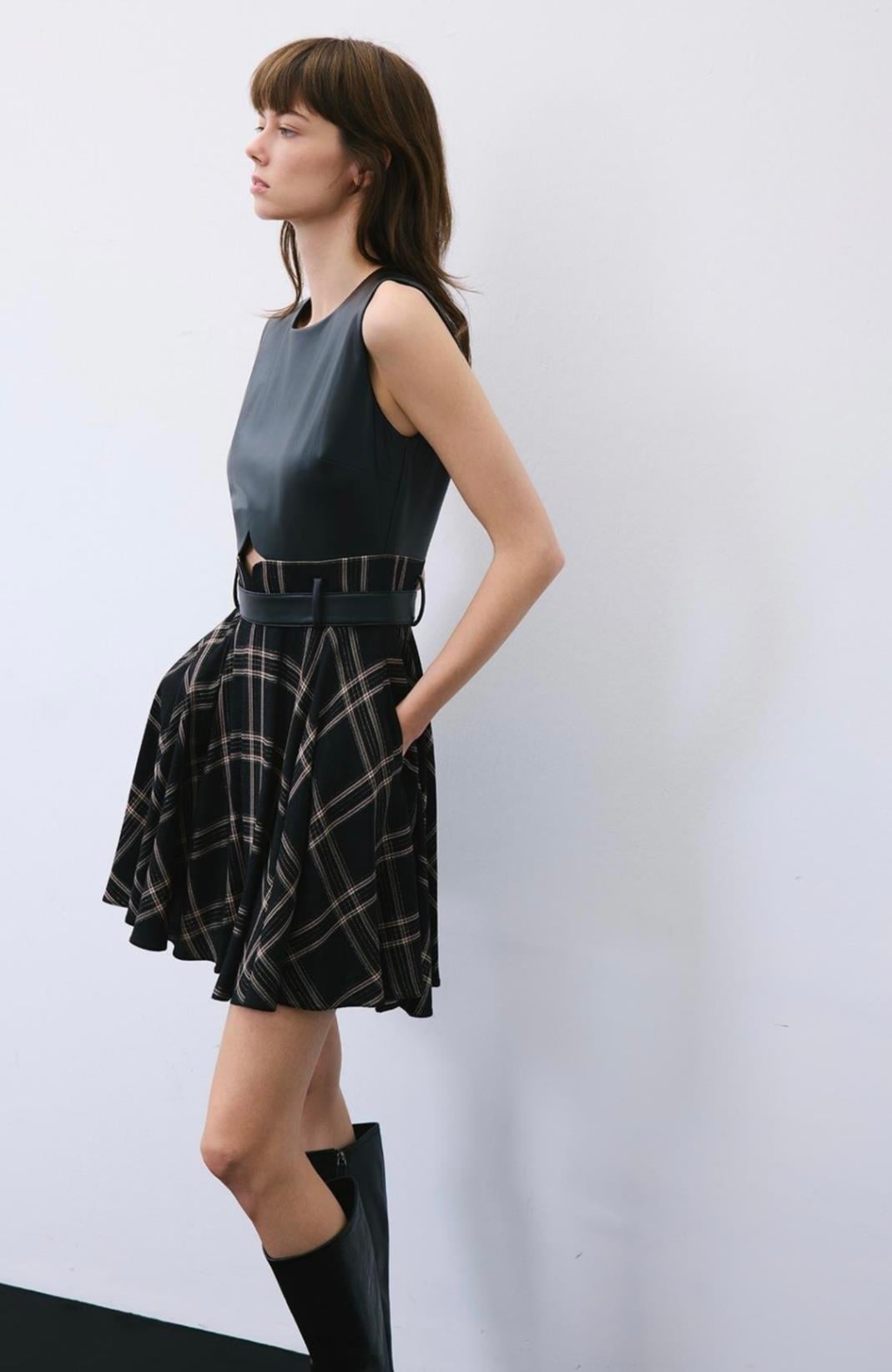 Sim Ekoseli Siyah Mini Elbise