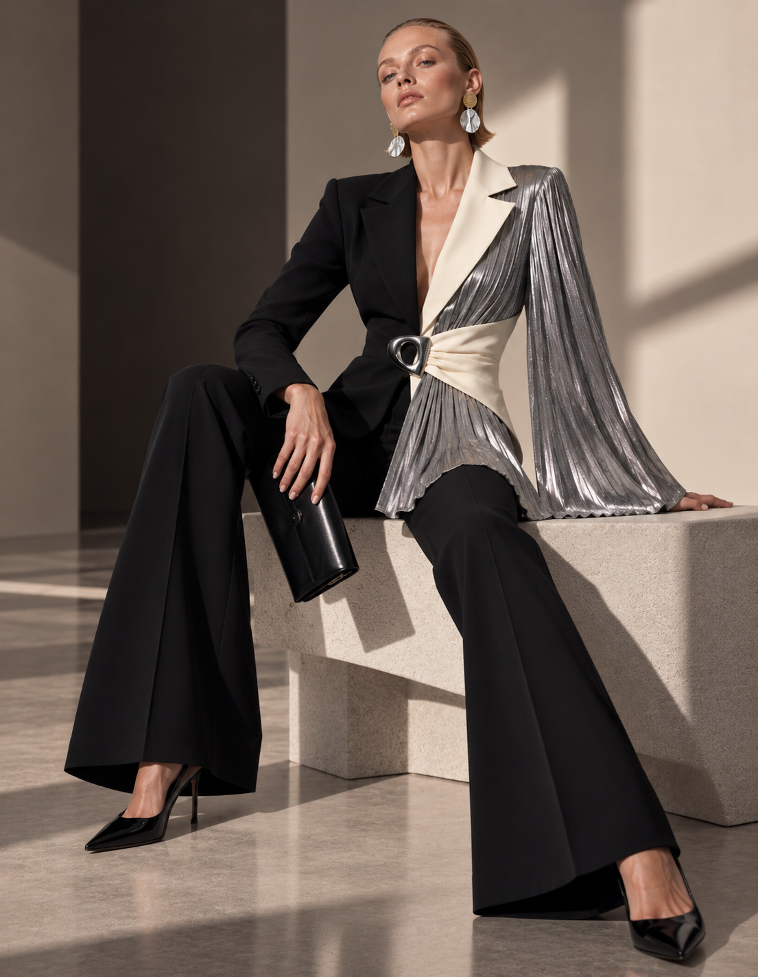 Siyah Gümüş Pliseli Asimetrik Blazer