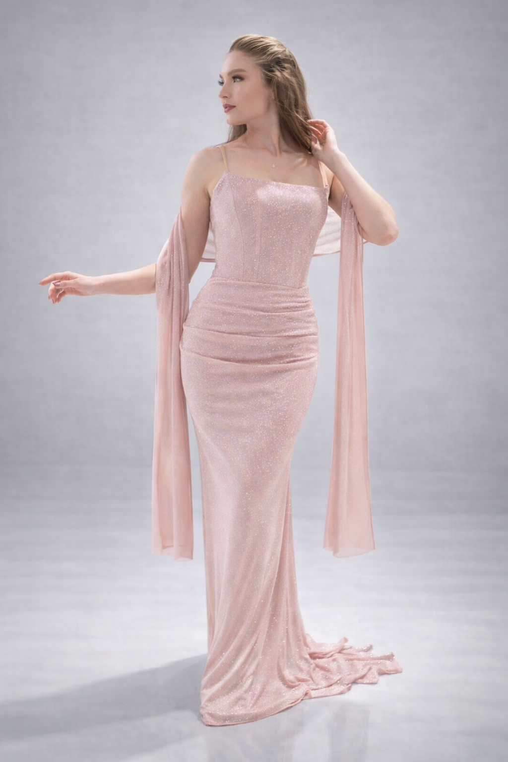 Straplez Simli Uzun Gece Elbisesi