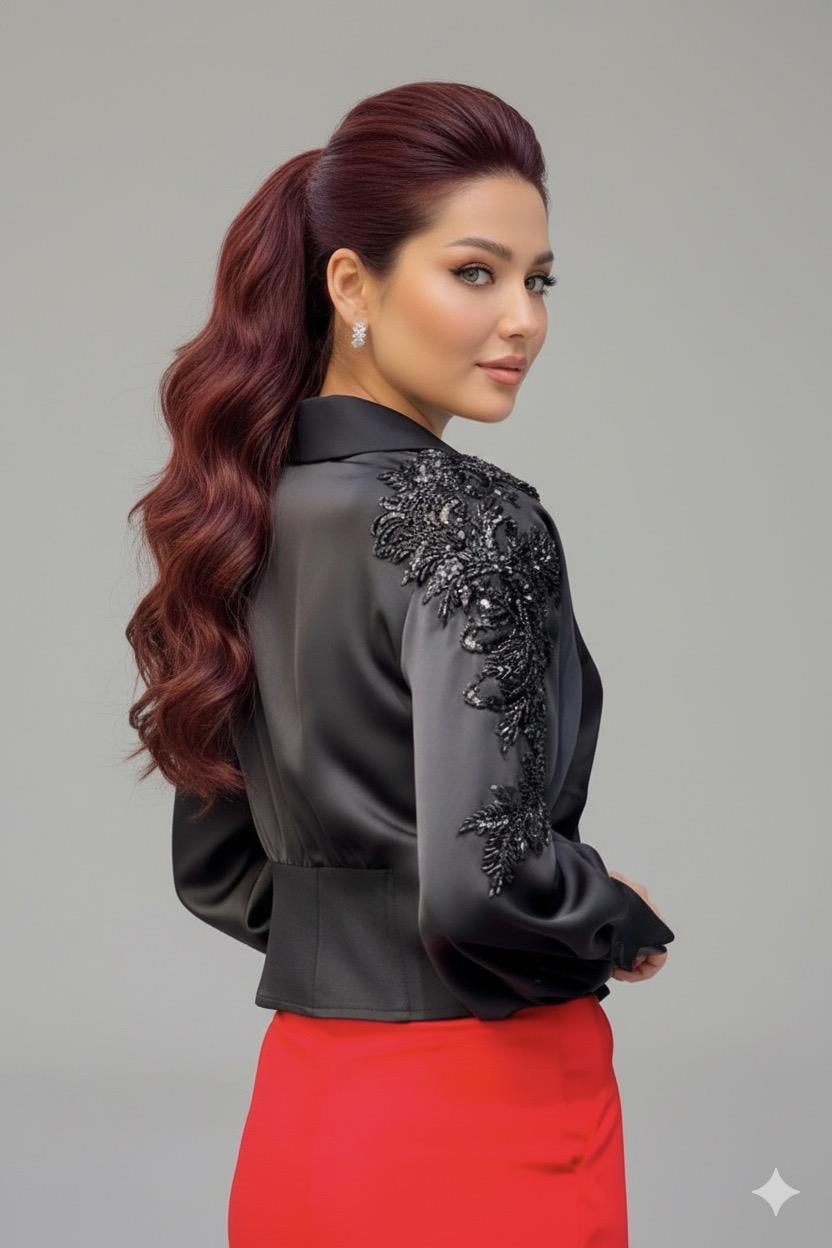 Taş işlemeli saten gömlek