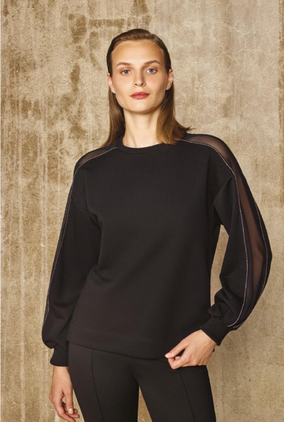 Transparan Taş Detaylı Siyah Sweatshirt 