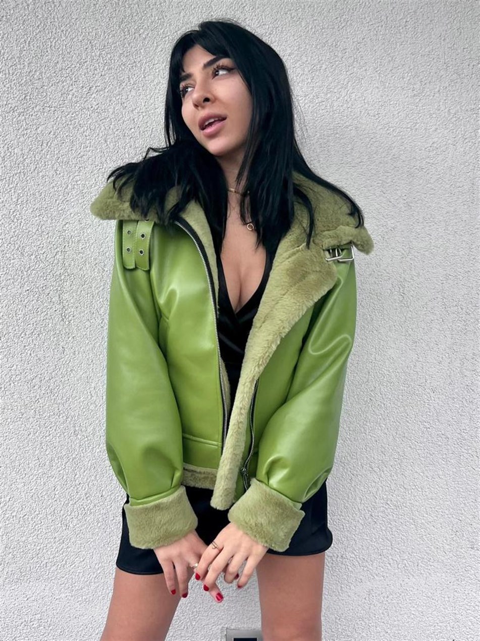 Kadın Yeşil Kürklü Deri Ceket