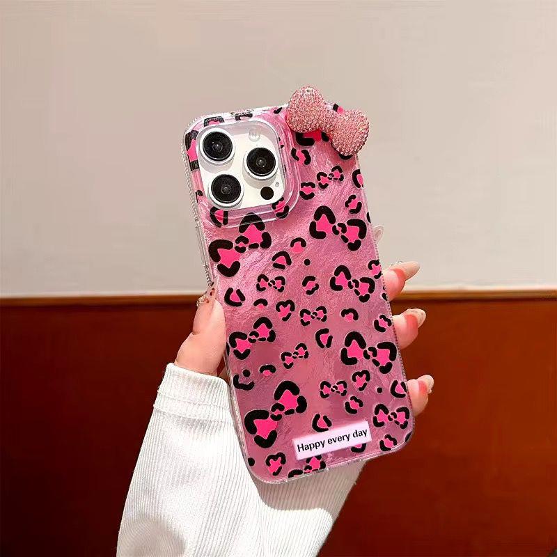  Leopar Desenli Taşlı Fiyonklu Telefon Kılıfı Pembe Renkli