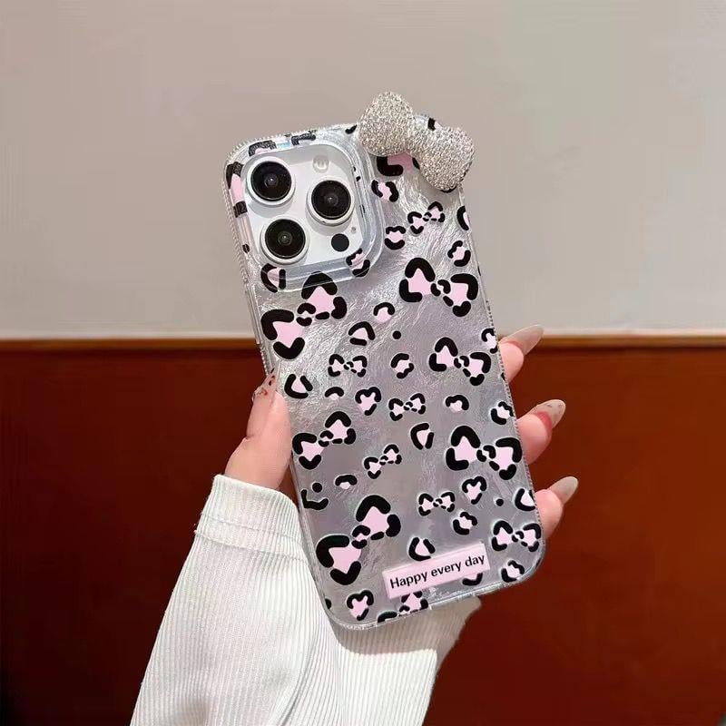  Leopar Desenli Taşlı Fiyonklu Telefon Kılıfı Giri Renkli