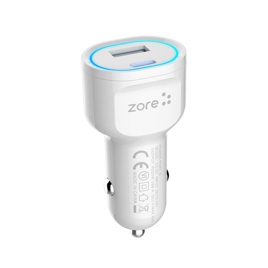  Zore CC-02 Hızlı Şarj Özellikli LED Işıklı QC 3.0 USB-A ve Type-C PD Araç Şarj Başlığı PD 20W 