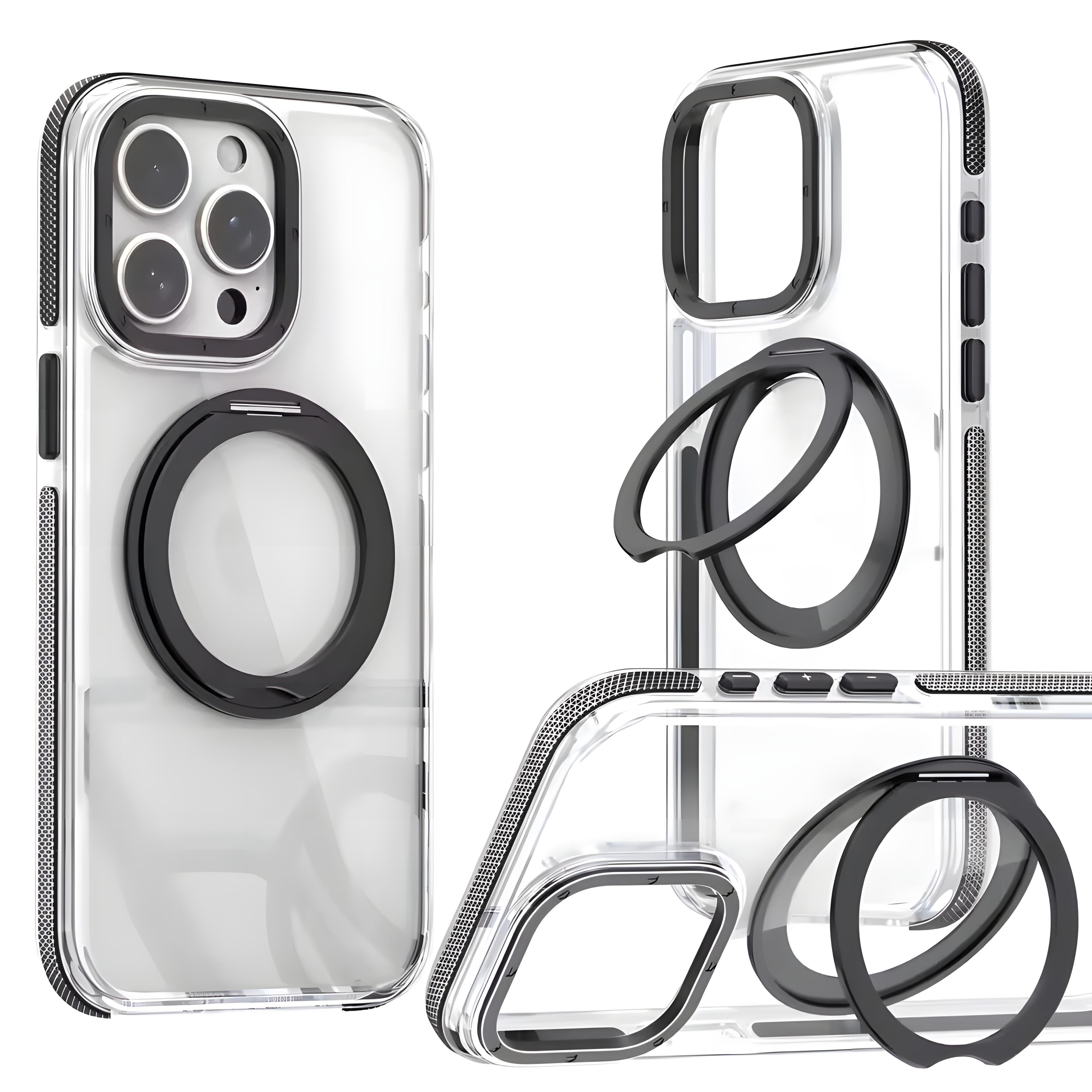 360° Metal Halka Standı Şeffaf Magsafe Telefon Kılıfı Siyah