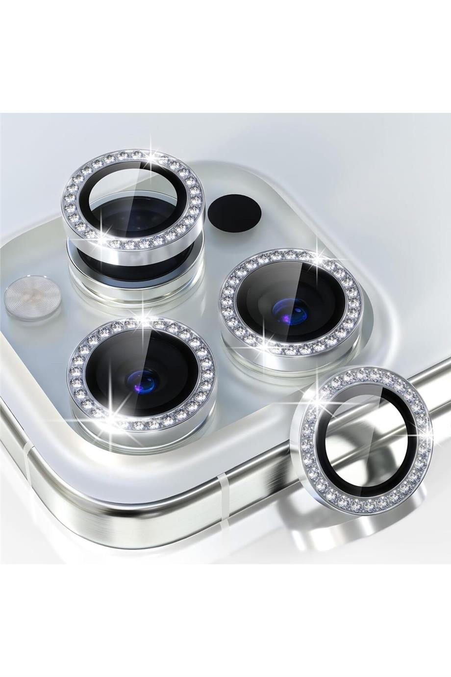 Apple Serisi Elmas Taşlı Kamera Lens Koruyucu Gümüş Renkli