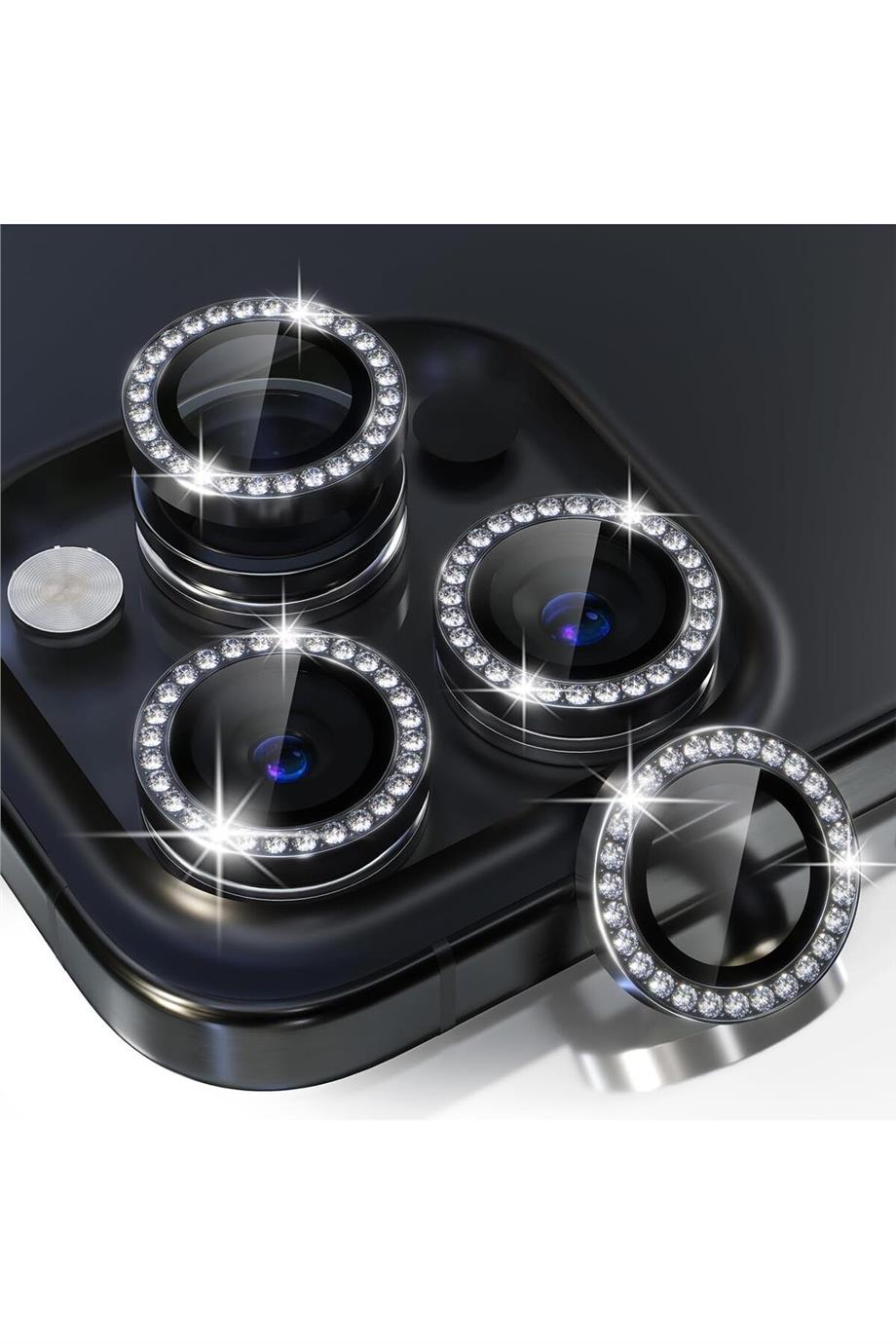 Apple Serisi Elmas Taşlı Kamera Lens Koruyucu Siyah Renkli